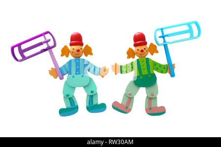 wooden colorful clowns and plastic noisemaker or gragger for purim celebration holiday (jewish holiday) isolated on white Stock Photo