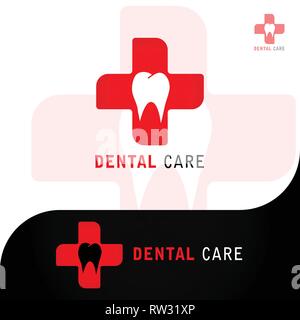 This logo shows a tooth and a medical symbol as the background. This logo is good for use by companies engaged in the health sector, especially dental Stock Vector