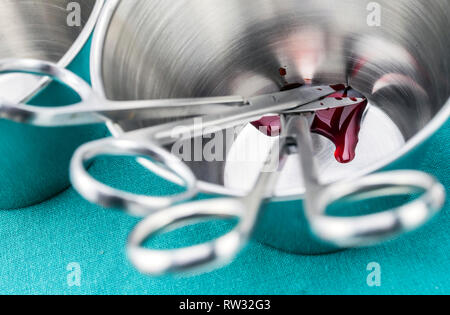 Scissors Bleed Scissors surgical with torundas soaked with blood on a tray metal in an ...