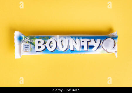 Ukraine, Kiev March 29, 2018. Bounty chocolate bar is a brand of American Mars, Inc. Stock Photo