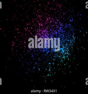 Neon explosion paint splatter artistic template design. Colorful ink texture splash in black background vector. Trendy creative abstract design for Re Stock Vector