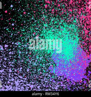 Neon explosion paint splatter artistic template design. Colorful ink texture splash in black background vector. Trendy creative abstract design for Re Stock Vector