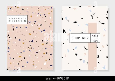 Modern and trendy templates with beautiful terrazzo texture in pastel pink, cream, blue and black. Contemporary abstract collage brochures, flyers, ne Stock Vector