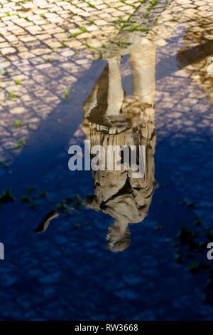 reflection of the monumental Carrara marble Statue of Antoninus Pius in Square Antonin  in Nimes, France Stock Photo