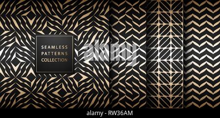 Seamless vector geometric golden element pattern set. Abstract background gold texture on black. Simple minimalistic dark print collection. Page fill Stock Vector