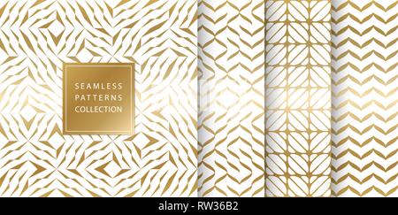Set of golden seamless patterns. Vector texture design. Abstract seamless geometric pattern on white background. Simple minimalistic gold print Stock Vector
