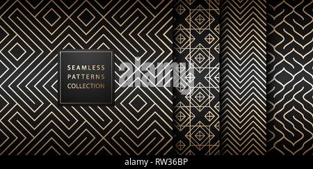 Geometric seamless golden pattern background. Simple vector graphic black print. Repeating line abstract texture set. Minimalistic shapes Stock Vector