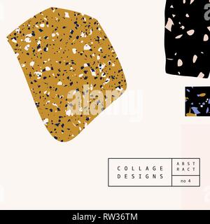 Modern and trendy square template with organic shapes, hand drawn elements and terrazzo flooring texture. Contemporary abstract collage brochure, soci Stock Vector