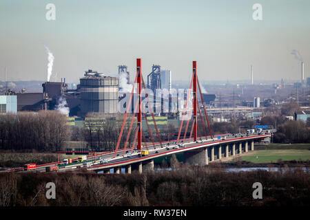 Duisburg, Ruhr area, North Rhine-Westphalia, Germany - ThyssenKrupp industrial landscape, panoramic view over the Rhine bridge motorway A42 in directi Stock Photo