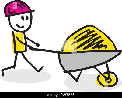 Creative vector drawing of stick figure with cart. Stock Vector