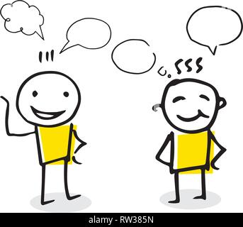 Two stick figures enjoying good conversation. Freehand vector illustration with speech bubbles. Stock Vector