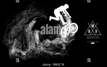 Abstract silhouette of a bmx rider on the dark, black background from particles. Bmx rider jumps and performs the trick. Stock Vector