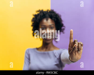 Businesswomans finger touching empty search bar, modern business background concept - can be used for insert text or pictures. Stock Photo