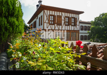 Traditional Safranbolu houses in background. There's a rose garden in front of him.Old traditional Safranbolu houses (from UNESCO Heritage list) at Sa Stock Photo