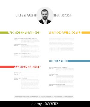 Vector minimalist cv / resume template - minimalistic colorful version with photo in the middle and nice typography Stock Vector