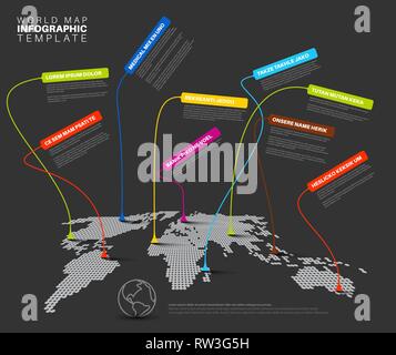 World map infographic: Dotted World map with linked pointers - communication concept - dark template version Stock Vector