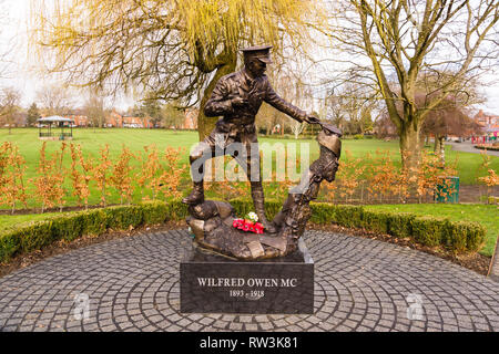 The Wilfred Owen memorial in Cae Glas Park Oswestry to commemorate the death of the poet who was born in Oswestry Shropshire unveiled in October 2018  Stock Photo