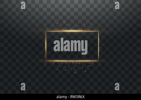 Golden frame with lights effects,Shining luxury banner vector illustration. Glow line golden frame with sparks and spotlight light effects. Shining Stock Vector