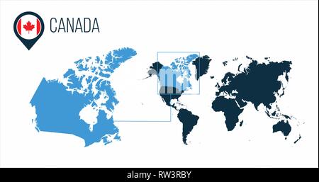 Canada map on a world map with flag and map pointer. Vector illustration Stock Vector