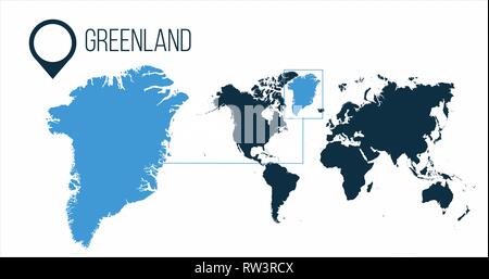 Greenland map located on a world map with flag and map pointer or pin. Infographic map. Vector illustration isolated on white Stock Vector