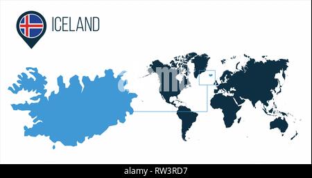 Iceland map located on a world map with flag and map pointer or pin. Infographic map. Vector illustration isolated on white Stock Vector