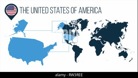 The United States of America USA map located on a world map with flag and map pointer or pin. Infographic map. Vector illustration isolated on white Stock Vector