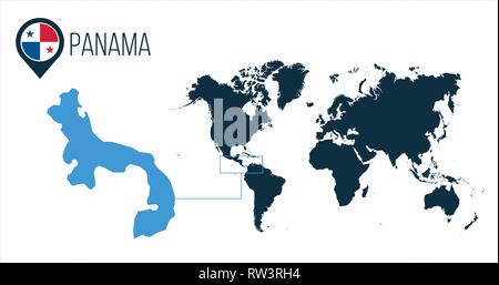 Panama Map Located On A World Map With Flag And Map Pointer Or Pin Panama Map Located On A World Map With Flag And Map Pointer Or Pin Infographic Map Vector Illustration Isolated On White Rw3rh4 