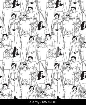 People with disabilities black and white seamless pattern Stock Vector