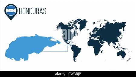 Honduras map located on a world map with flag and map pointer or pin. Infographic map. Vector illustration isolated on white Stock Vector