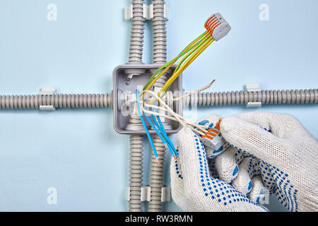 Electrician in protective  gloves uses pluggable terminal block to bind wires together durind mounting electrical junction box. Stock Photo