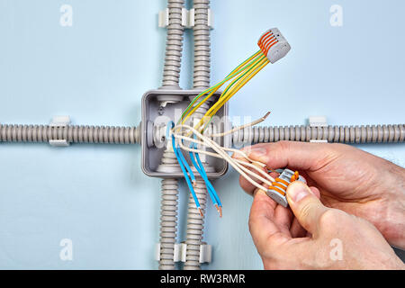 Electrician groups the wires together using spring terminals with handling levers. Stock Photo