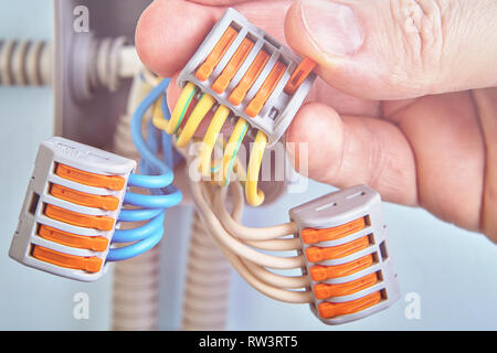 Electrician is holding electrical wires spliced inside home junction box wiring, close-up. Stock Photo