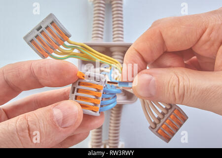 Pluggable terminal blocks connected together three groups of wires of plastic junction box. Stock Photo
