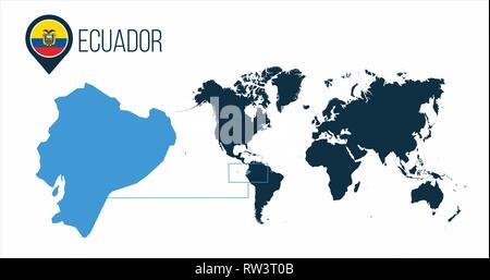 Ecuador map located on a world map with flag and map pointer or pin. Infographic map. Vector illustration isolated on white Stock Vector