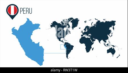Peru map located on a world map with flag and map pointer or pin. Infographic map. Vector illustration isolated on white Stock Vector