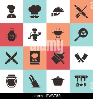 Set of clean icons featuring various kitchen utensils and cooking related objects isolated on white background. Stock Vector