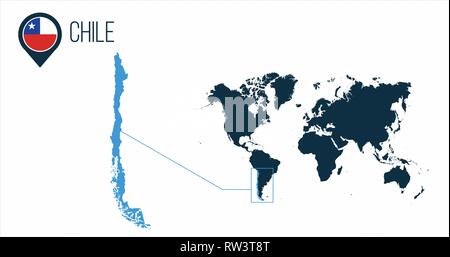 Chile map located on a world map with flag and map pointer or pin. Infographic map. Vector illustration isolated on white . Stock Vector