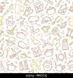 The seamless multi-colored pattern on the kitchen theme with a variety of kitchen items. Background for menu design, kitchen items, and other things. Stock Vector