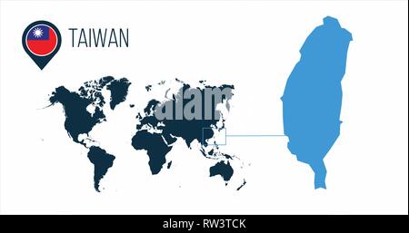 Taiwan map located on a world map with flag and map pointer or pin. Infographic map. Vector illustration isolated on white . Stock Vector