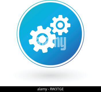 settings ui blue button icon with shadow. two gears or cogs. vector illustration isolated on white . Stock Vector