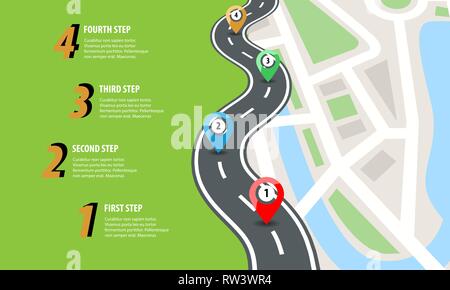 Flat color style Highway road infographic. Street roads map with colorful pins. Vector illustration. Stock Vector