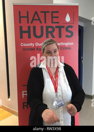 Emma Gilfoyle, who went blind after possibly having her drink spiked, speaking at the launch of a hate crime campaign at Durham Police's headquarters after she was tormented by children. Stock Photo