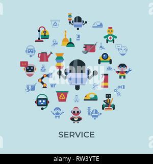 Digital vector service and cleaning home machine robots simple icons, flat style infographics Stock Vector