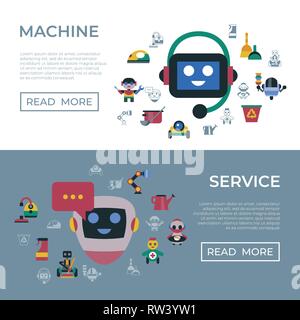 Digital vector service and cleaning home machine robots simple icons, flat style infographics Stock Vector