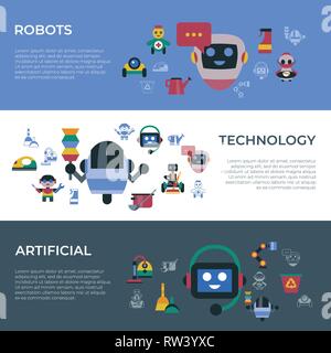 Digital vector service and cleaning home machine robots simple icons, flat style infographics Stock Vector