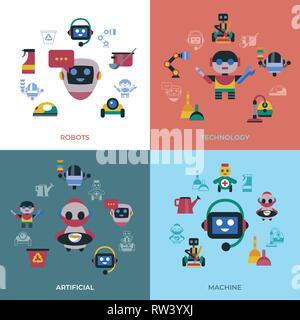 Digital vector service and cleaning home machine robots simple icons, flat style infographics Stock Vector