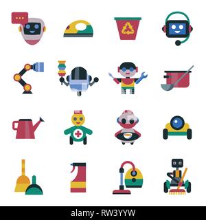 Digital vector service and cleaning home machine robots simple icons, flat style infographics Stock Vector
