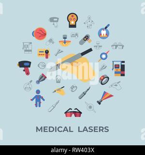 Digital vector medical lasers healthcare simple icons, flat style infographics Stock Vector