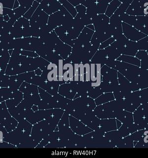 Hand drawn vector seamless pattern with zodiac constellations: aries, taurus, gemini, cancer, leo, virgo, libra, scorpio, sagittarius, capricorn, aqua Stock Vector