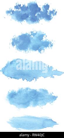 Set of hand painted blue vector watercolor brush stroke textures for your design. Isolated on the white background. Stock Vector